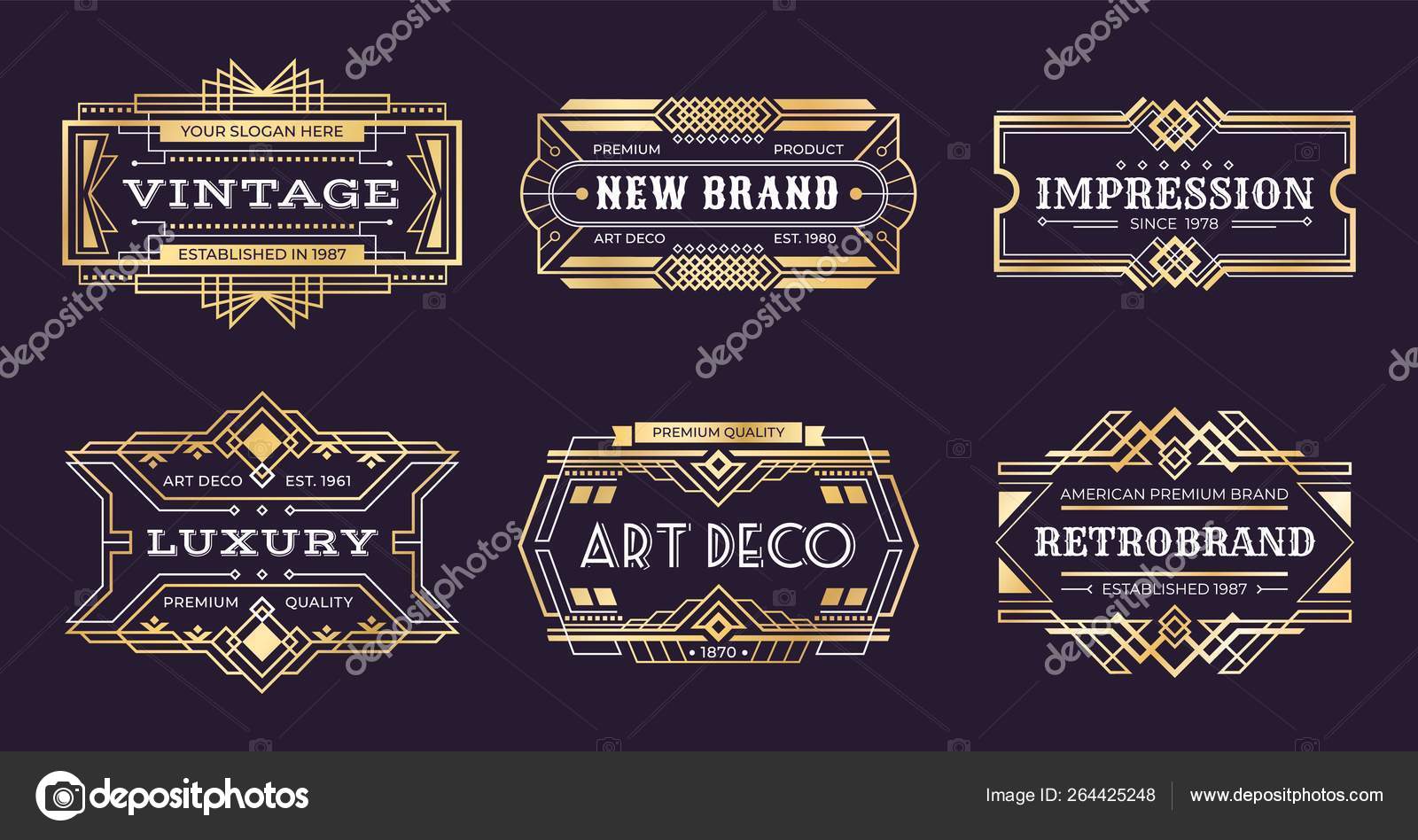 Art deco labels. Vintage ornamental logos, 1920s vintage golden badge