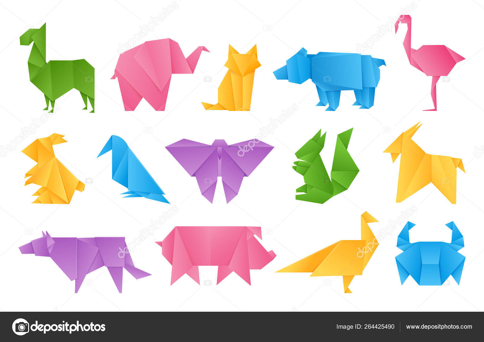 Origami animals. Paper toys, dragon ship elephant crane butterfly shape  set, vector colored folding paper animals Stock Vector Image by  ©SpicyTruffel #264425490