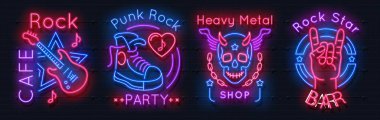 Rock müzik neon işareti. Metal grubu vintage poster, gece partisi retro amblemler, punk grubu logosu. Rock n Roll vektör neon afiş