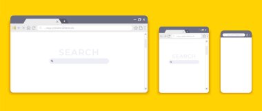 Tarayıcı maketleri. Farklı cihazlar için web sitesi arayüzü, boş dizüstü tablet ve mobil internet sayfası. Vektör tarayıcı penceresi tasarımı