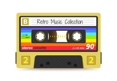 Retro kaset. Vintage 1980'lerde mix teyp, stereo ses kayıt teknolojisi, eski okul dj rave parti. Vektör bant etiketi tasarımı
