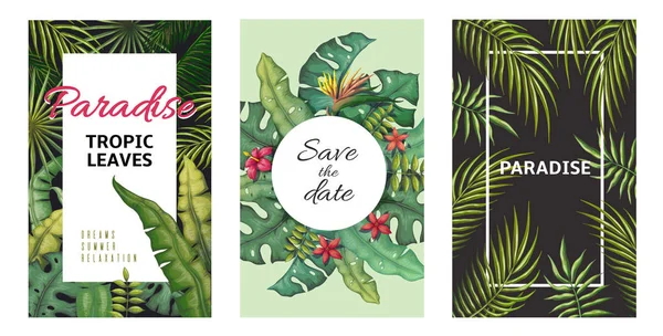 Foglie tropicali poster. Piante della giungla estate volantini, modello foglia di banana palma, disegno fogliame. Set poster in foglia di palma vettoriale — Vettoriale Stock
