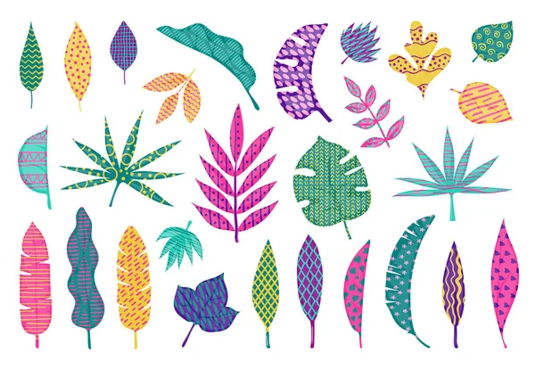 Hojas tropicales abstractas. Hoja de verano elementos tribales, hojas de palma abstractas de moda, elementos de diseño floral moderno. Conjunto de hojas vectoriales — Archivo Imágenes Vectoriales