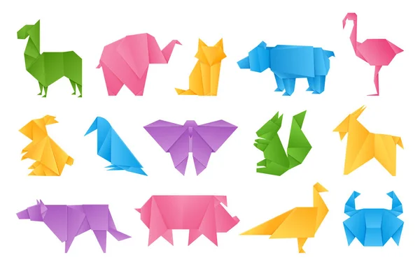 Origami animaux. Papier jouets, dragon bateau éléphant grue forme papillon ensemble, animaux de papier pliant de couleur vectorielle — Image vectorielle