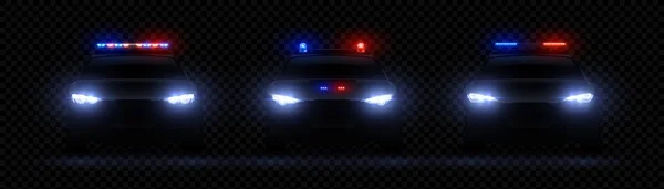 Faros realistas de la policía. Efecto de luz led brillante del coche, llamarada de sirena rara y delantera, luz policial roja y azul. Vector 3d conjunto — Vector de stock