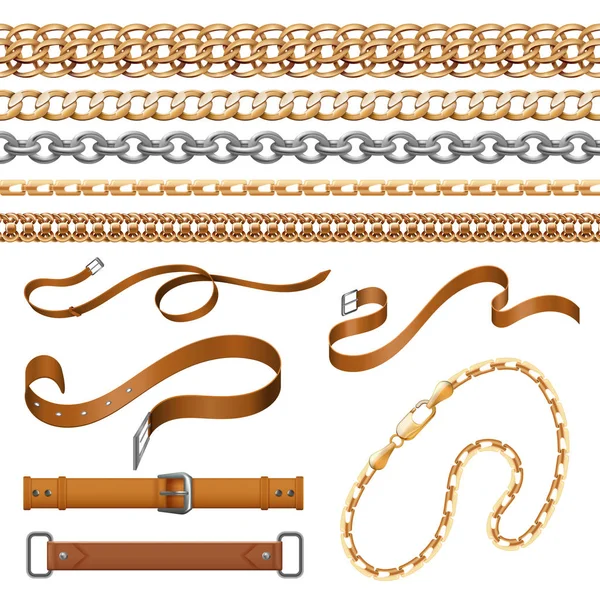 Chaînes et tresses. Bracelets ceintures en cuir et éléments de meubles dorés, ensemble de bijoux ornementaux. Ensemble de tissu vectoriel et boucle — Image vectorielle