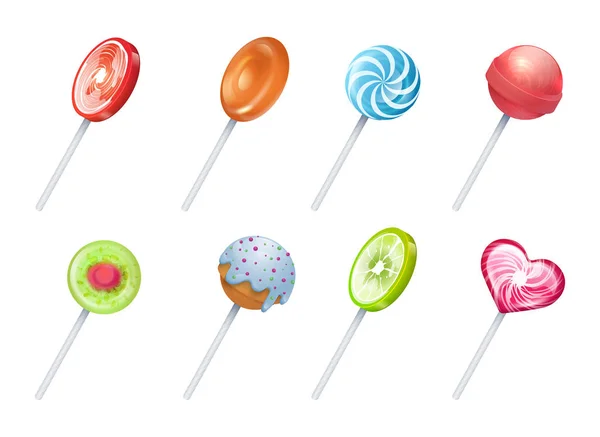 Lollipop. Permen loli manis, permen bulat dan spiral, makanan penutup liburan dan makanan gula pada tongkat. Vektor pengisap marshmallow set - Stok Vektor