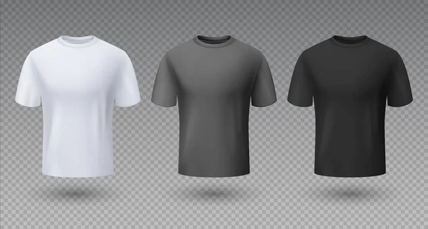 Camisa masculina realista. Branco preto e cinza t-shirt 3D mockup, modelo isolado em branco, esporte limpo roupas unissex. Uniforme vetorial —  Vetores de Stock