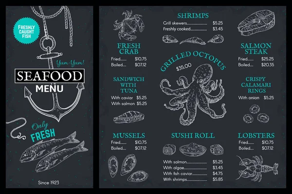 Meeresfrüchte-Sketch-Menü. Doodle-Fisch-Restaurantbroschüre, Vintage-Einband mit Hummerkrabben-Lachs. Vektor Marine Food Poster — Stockvektor