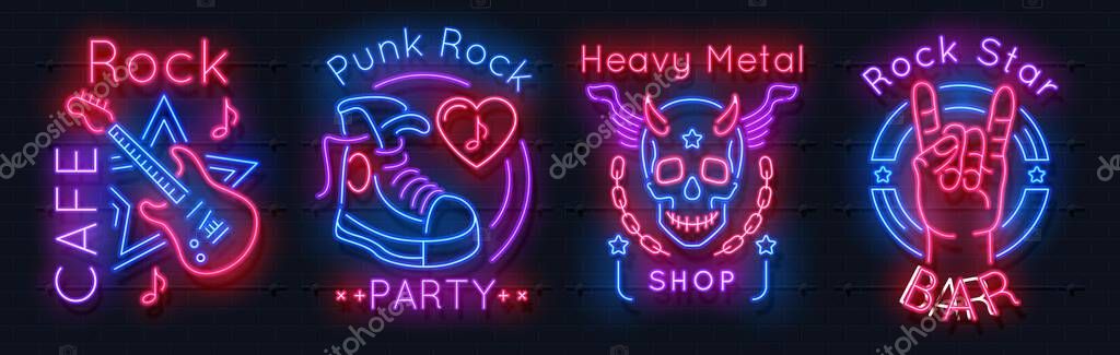 Rock music neon sign. Metal band vintage poster, night party retro emblems, punk band logo. Rock n Roll vector vintage neon banners