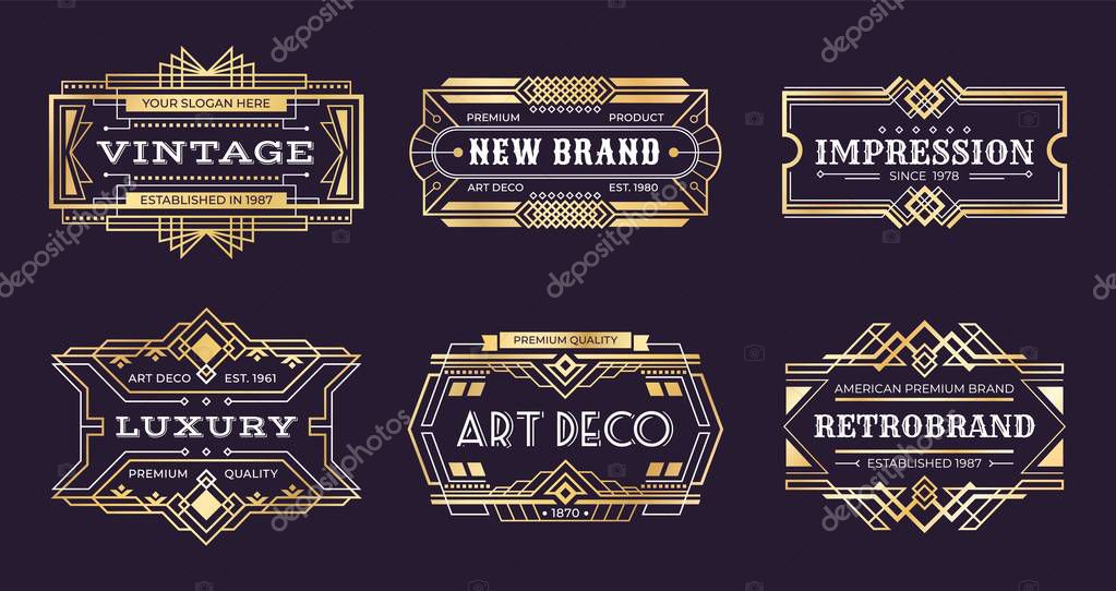 Art deco labels. Vintage ornamental logos, 1920s vintage golden badge, nouveau decorative banners. Vector art deco emblems illustration