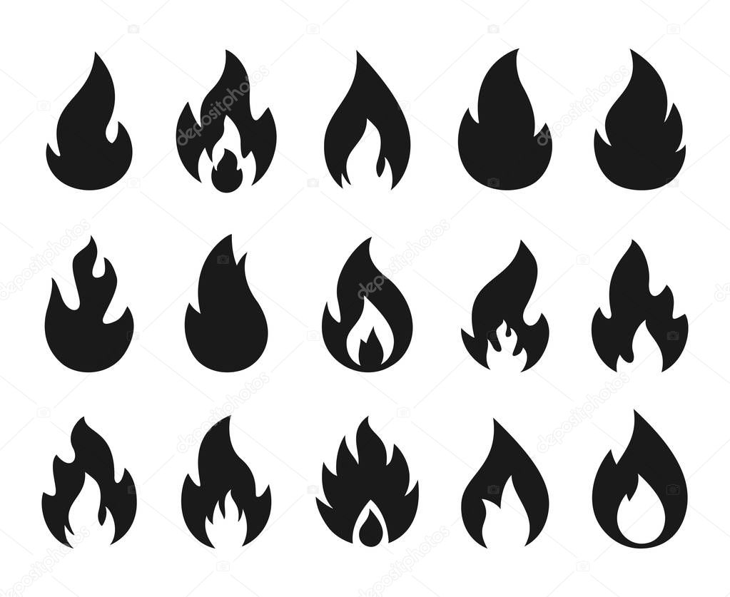 Fire icons. Burning flame silhouette logos, simple fire symbols for hot sauce and kitchen grill. Vector fire energy graphic art templates set