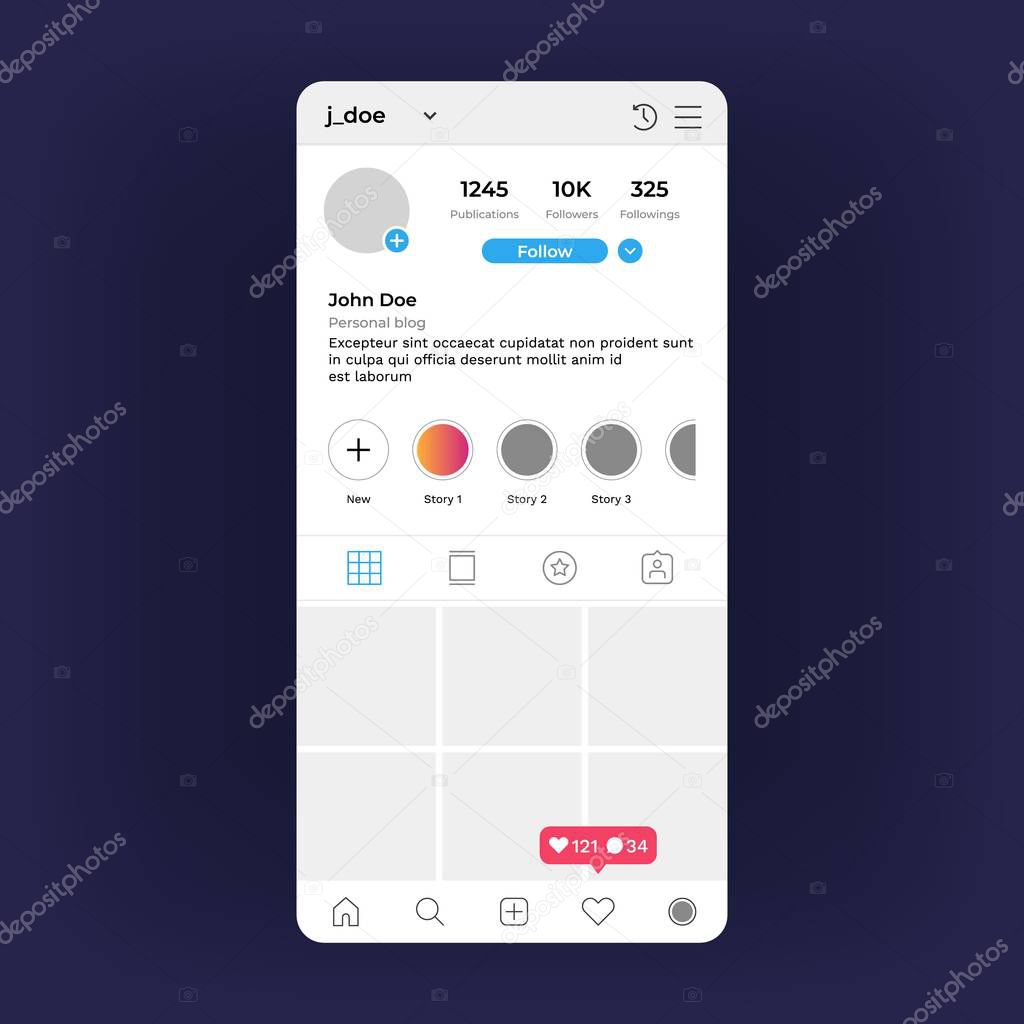 Insta profile Interface. Social media personal screen, mobile application interface elements. Vector Insta inspired UI mockup