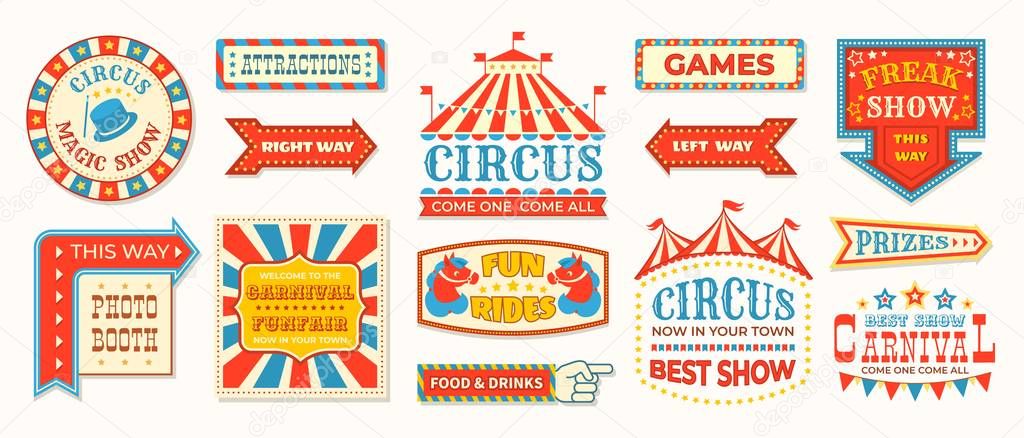 Circus labels. Carnival retro banner signs, vintage magic frames and arrows elements, welcome the show greetings. Vector circus signs