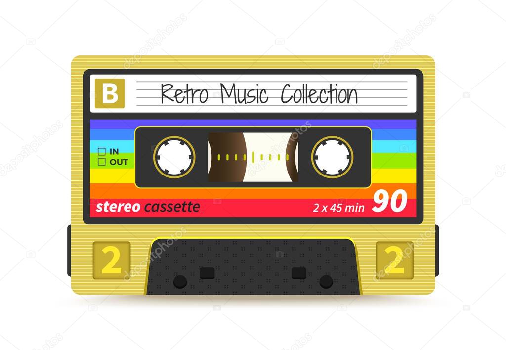 Retro cassette. Vintage 1980s mix tape, stereo sound record technology, old school dj rave party. Vector tape label design