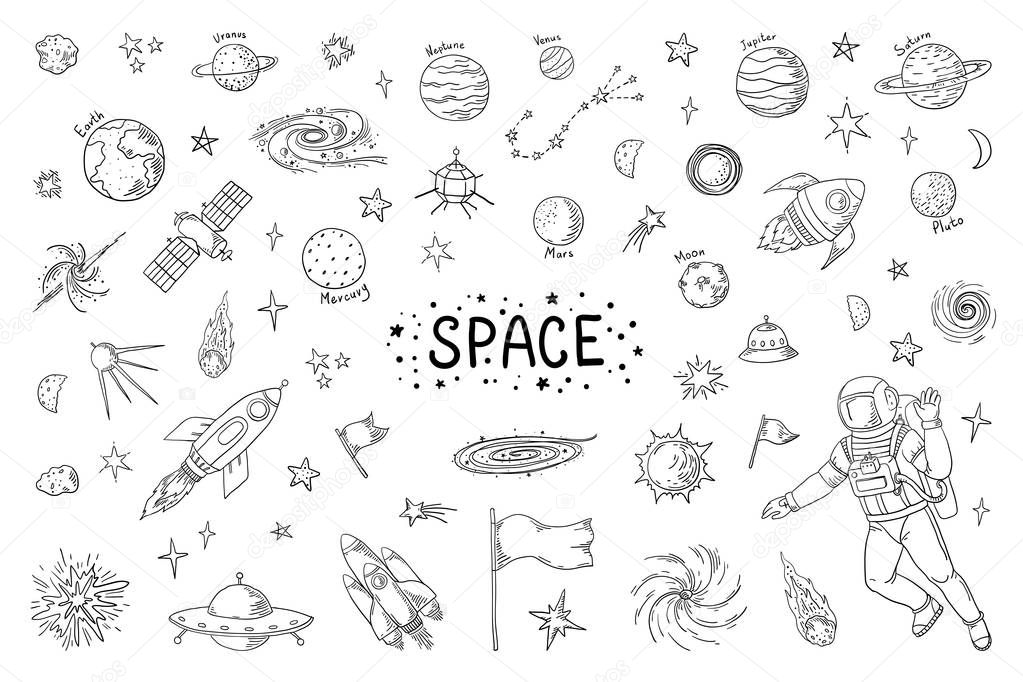 Doodle space. Trendy universe pattern, star astronaut meteor rocket comet astronomy elements. Vector cosmic pencil sketch elements