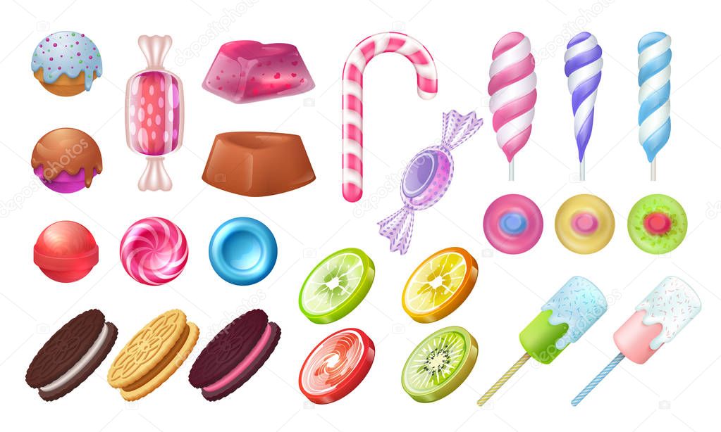 Lollipops and candies. Chocolate and toffee round sweets, caramel bonbon marshmallow and gummy. Vector jellies candies realistic set