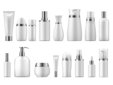 Gerçekçi kozmetik paketi. Güzellik kozmetik ürün boş beyaz 3d paketi spa kozmetik boş mockup. Vektör tasarım şablonu