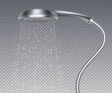 Banyo metal kafası. Gerçekçi su yağmur duş, su spreyi ile izole metal fıskiye. Vektör gerçekçi duş sulama