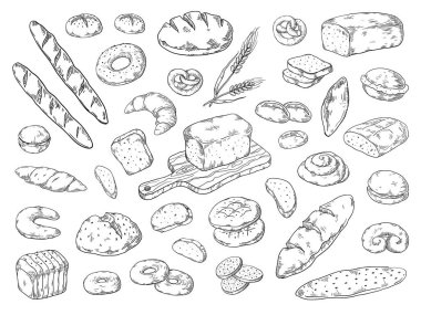 Elle çizilmiş fırın. Doodle ekmek kroki, ekmek buğday unu türleri, vintage grafik şablonu. Vektör fırın simit ve kurabiye