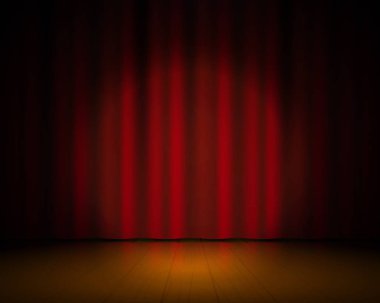 Gerçekçi tiyatro sahnesi. Kırmızı perdeler ve spot ışıkları, Broadway gösterisi arka plan, zarif sinema perdesi. Vektör 3d konser sahnesi