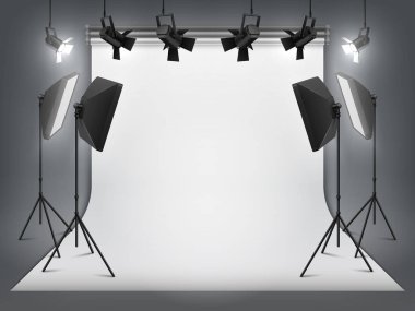 Fotoğraf stüdyosu. Fotoğraf arka plan ve spot, tripod ve stüdyo ekipmanları ile gerçekçi projektör. Vektör stüdyo arka plan