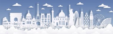 Kağıt kesme işaretleri. Seyahat dünya arka plan, siluet reklam kartı, Paris Londra Roma binalar siluetleri. Vektör şehir manzarası