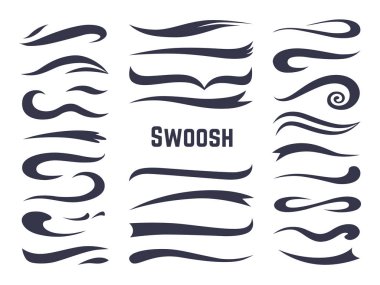 Swooshes ve swashes. Spor metin logoları, girdap calligraphic font çizgi dekorasyon öğesi için swish kuyrukları altını çizer. Vektör yıkama seti