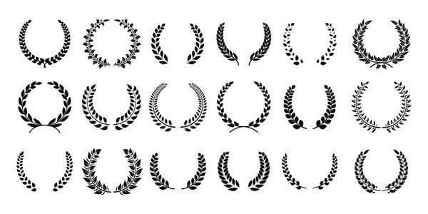 Silhouette lagerkrans. Greek Olive Branch, Champion Award emblem, löv runda priser symboler. Vektor svart lagrar krans — Stock vektor