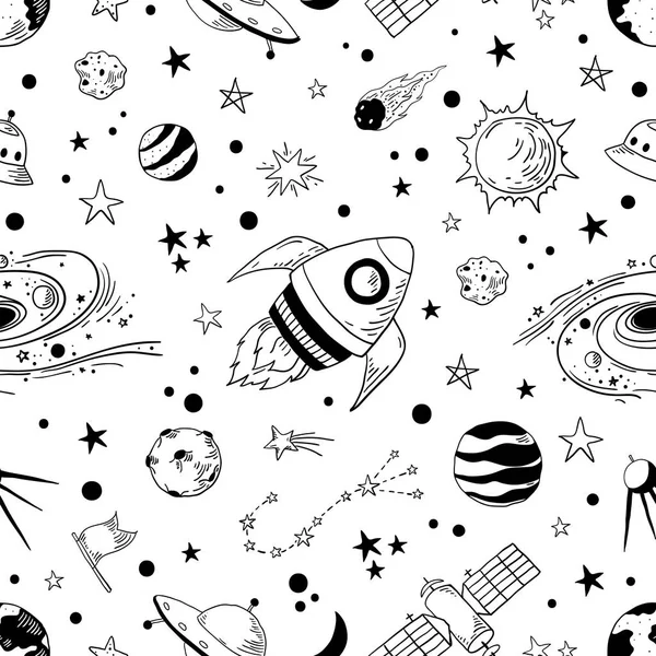 원활한 낙서 공간 패턴. 트렌디 한 아이 코스모스 그래픽 요소, 천문학 연필 스케치. 벡터 스타 행성 유성 로켓 세트 — 스톡 벡터