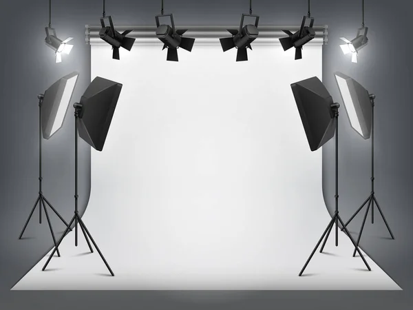Fotografi Studio. Foto bakgrund och Spotlight, realistiska strålkastarljus med stativ och studioutrustning. Vektor Studio bakgrund — Stock vektor