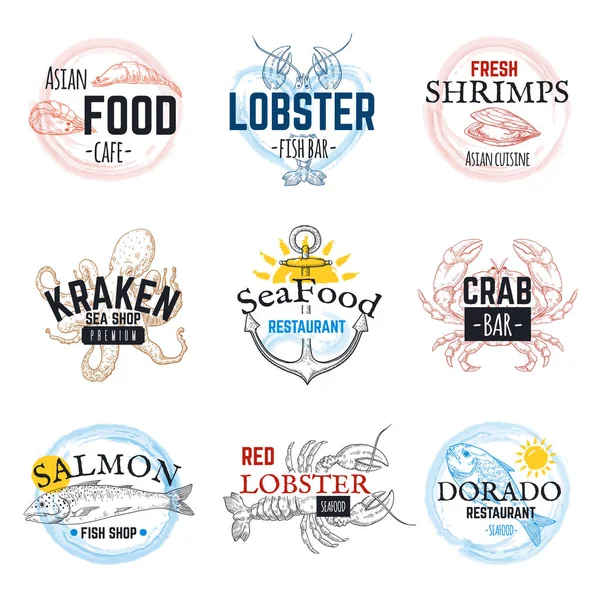 Meeresfrüchte-Skizze Logos. Vintage handgezeichnete Marine Etiketten, Lachs Thunfisch Tintenfisch und Oktopus Emblem Design. Vektor Ozean Lebensmittel Aufkleber Set — Stockvektor