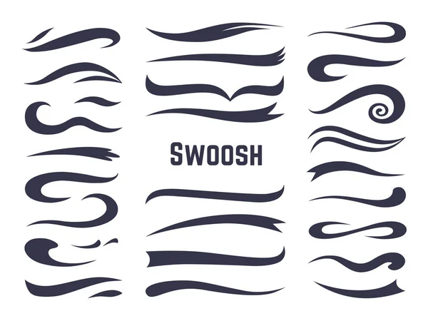 Swooshes e swash. Sottolineare code swish per loghi di testo sportivo, elemento decorativo della linea di carattere calligrafico vortice. Set swash vettoriale — Vettoriale Stock