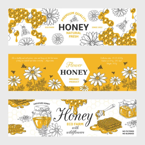 Honigetiketten. Waben und Bienen Vintage-Skizze Hintergrund, handgezeichnete Bio-Lebensmittel Retro-Design. Vektor Honig Grafik Banner — Stockvektor