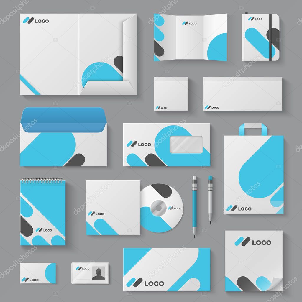 Corporate brand identity. Business stationery mockup branding envelope card mug document presentation. Corporation 3D vector template