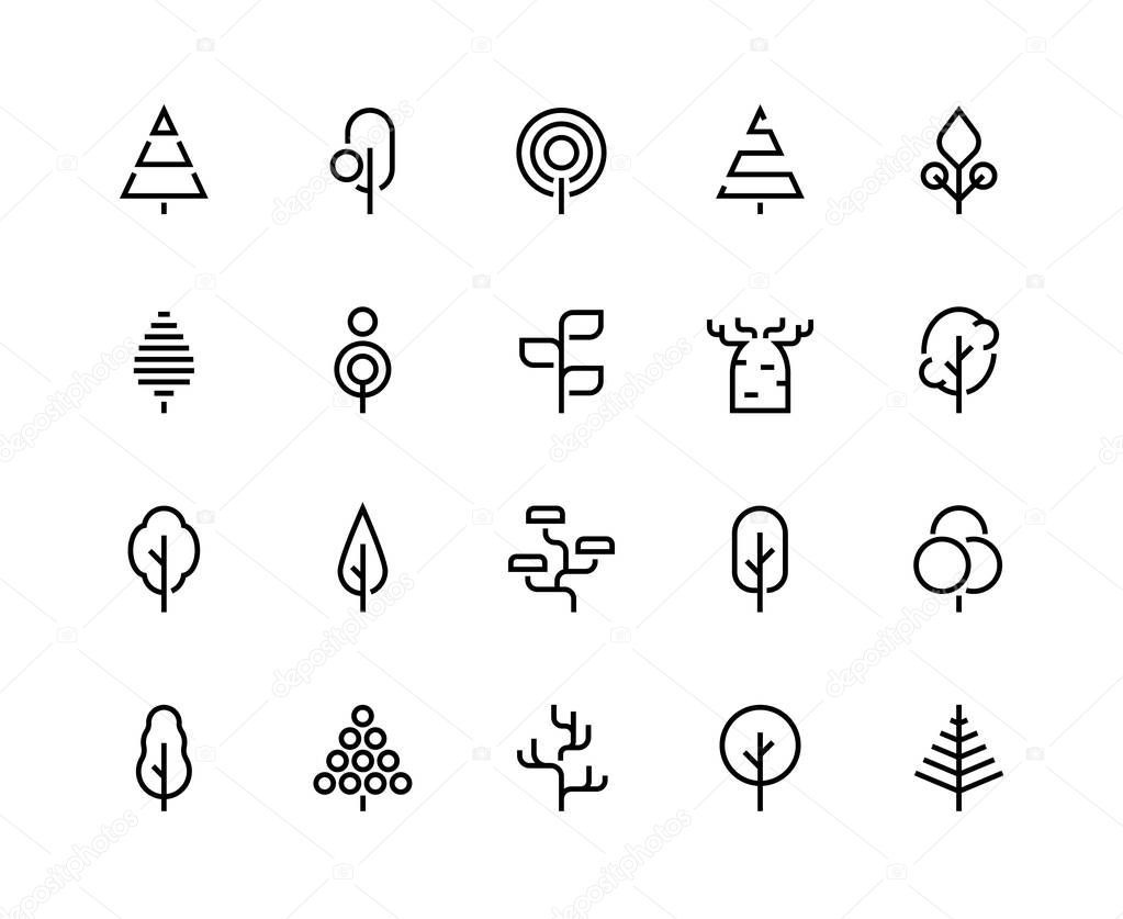 Trees line icons. Simple minimalist plants, organic geometric abstract shapes of leaves and pine forest trees. Vector tree logo