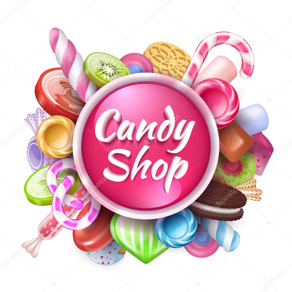 Candies background. Realistic sweets and desserts frame with text, colorful toffees lollipops and caramel bonbon. Vector sweets set