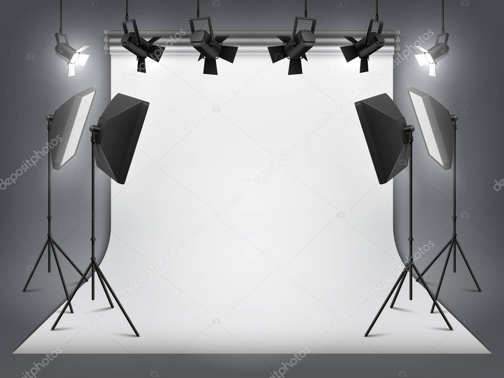 Photography studio. Photo backdrop and spotlight, realistic floodlight with tripod and studio equipment. Vector studio background