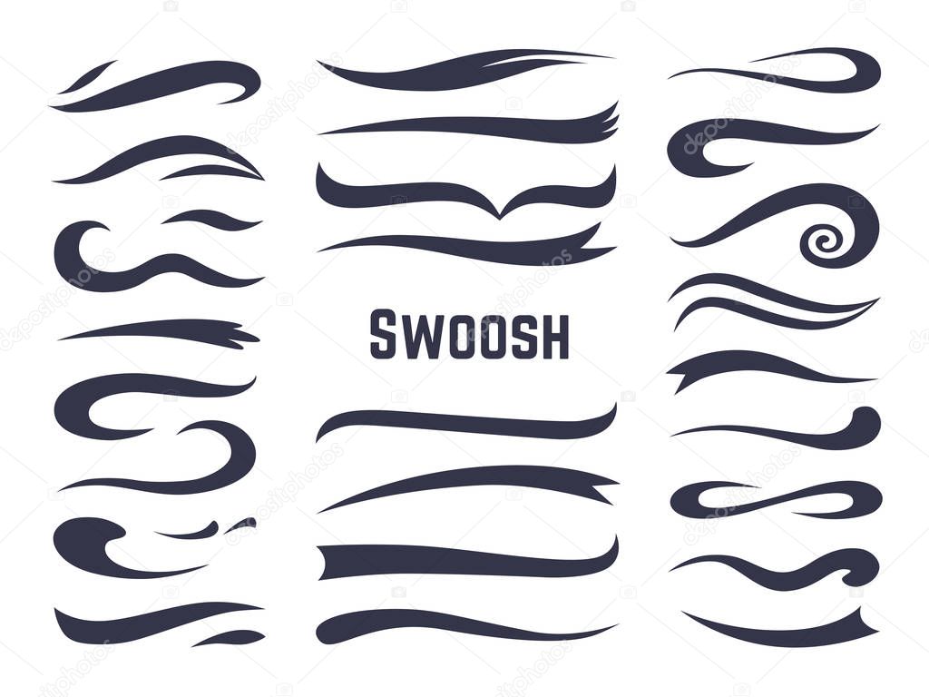 Swooshes and swashes. Underline swish tails for sport text logos, swirl calligraphic font line decoration element. Vector swash style set