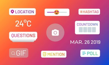 Instagram stories polls. Social media icons and functional stickers, hashtag location mention poll slider. Vector stories UI elements clipart