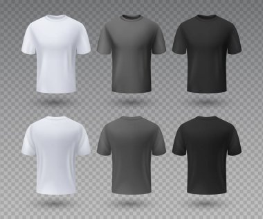 Gerçekçi erkek tişörtü. Beyaz ve siyah mockup, ön ve arka görünüm 3d izole tasarım şablonu. Vektör spor giyim ve boş üniforma