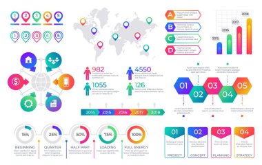 İnfografik grafik. Akış diyagramları ve yüzde çizgi çubukları, iş süreci grafiği ile zaman çizelgesi grafik elemanları. Vektör sunum seti