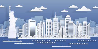 New York kağıt dönüm noktası. ABD şehir silüeti manzarası, origami tarzında modern şehir manzarası. Vektör beyaz kağıt kesme gökdelen binalar