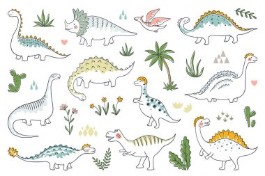 Modaya uygun doodle dinozorları. Sevimli anahat dino bebekler seti, komik karikatür ejderha ve Jurassic dinozorlar. Vektör tarih öncesi kertenkeleler