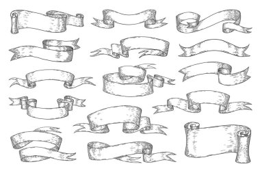 Elle çizilmiş kurdeleler. Posterler logolar davet kartları, retro heraldic şeritler için Vintage skeç elemanları. Vektör girdap parşömenleri