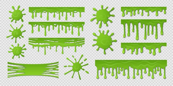 Lodo verde. Sujo goo splat, pintura realista blob splash modelo de design isolado, muco viscoso tóxico. Vetor manchas verdes e gotas — Vetor de Stock