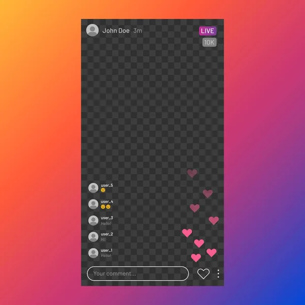 Interfaz de flujo de Instagram. Servicio de transmisión en vivo de redes sociales, interfaz de usuario de marco de aplicación móvil, video en vivo. Plantilla de diseño de interfaz de usuario — Archivo Imágenes Vectoriales