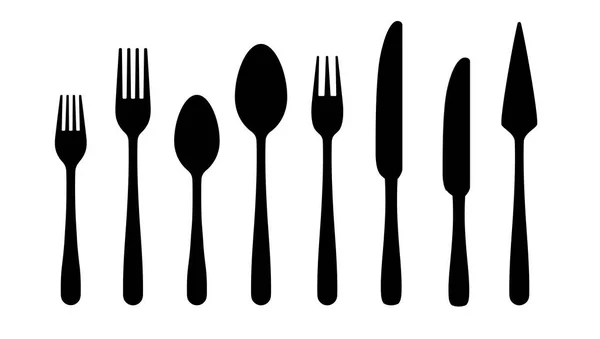 Cutlery silhouettes. Fork spoon knife black icons, silverware silhouettes on white background. Vector cutlery set — Stock Vector