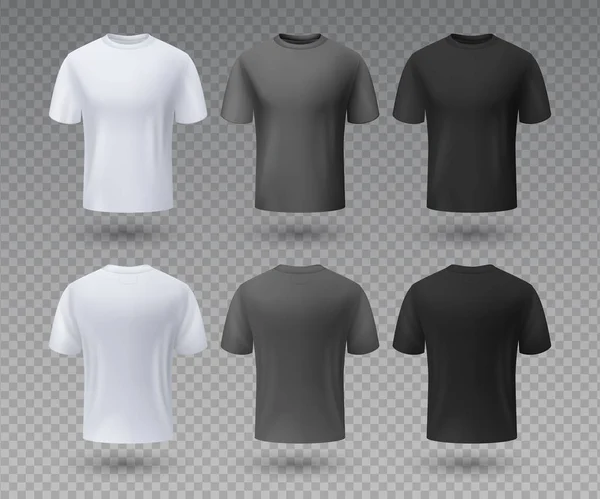 T-shirt homme réaliste. Modèle de conception isolé 3D blanc et noir, vue avant et arrière. Vêtements de sport vectoriels et uniforme blanc — Image vectorielle