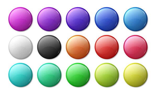 Round badge mockup. Circle magnet 3D badge, simple glossy plastic or metal labels. Vector realistic multicolor magnet tags
